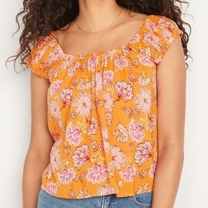 Orange and Pink Floral-Print Tie-Back Swing Top XS